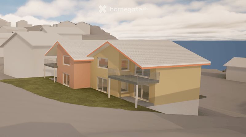 3D rendering of a modern two-story house with white and yellow exterior, featuring balconies, large windows, and a grassy lawn.