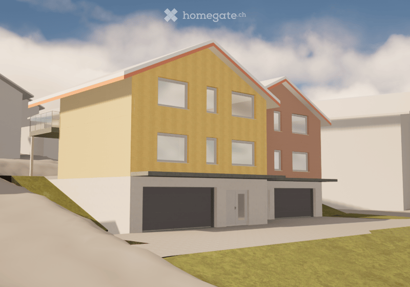3D rendering of a modern two-story house with a raised ground floor, featuring a garage, large windows, and a balcony on the upper level.