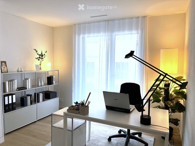modern office room with white desk, black office chair, silver laptop, white shelves, white carpet, white curtains, black lamp, plant