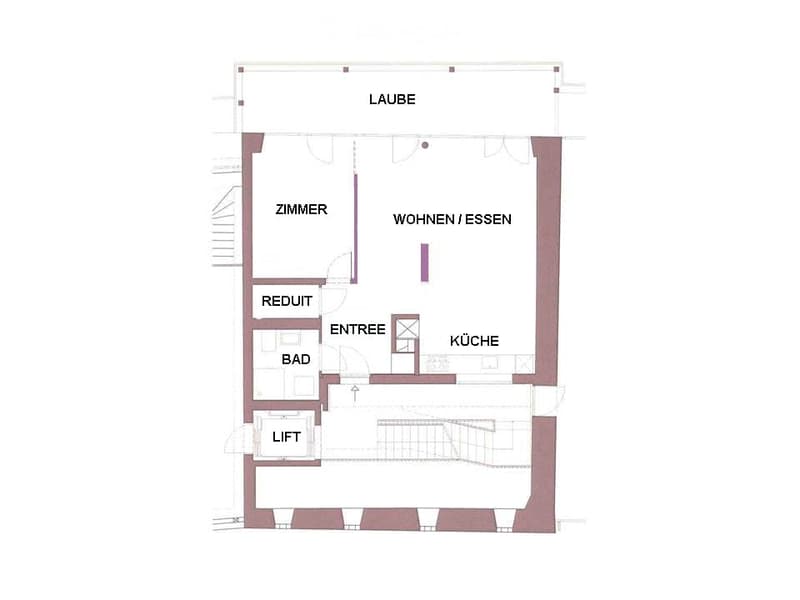 Floor plan of a residential space featuring a living/dining area, kitchen, bedroom, bathroom, and a small study or office area.