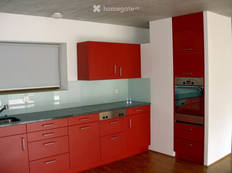 Modern kitchen with red cabinets, stainless steel appliances, and a granite countertop.