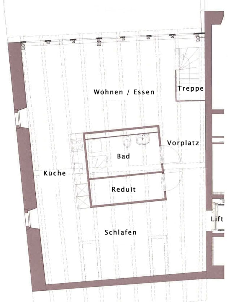 Floor plan showing a living/dining area, kitchen, bedroom, bathroom, hallway, and staircase.
