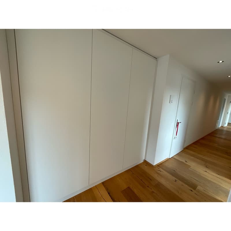 Empty hallway with wooden flooring, white walls, and built-in white cabinetry on one side.