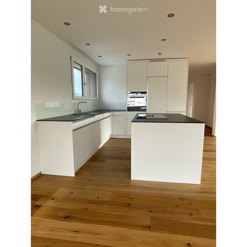 Modern kitchen with white cabinetry, black countertops, wooden flooring, and a central island with a sink and faucet.