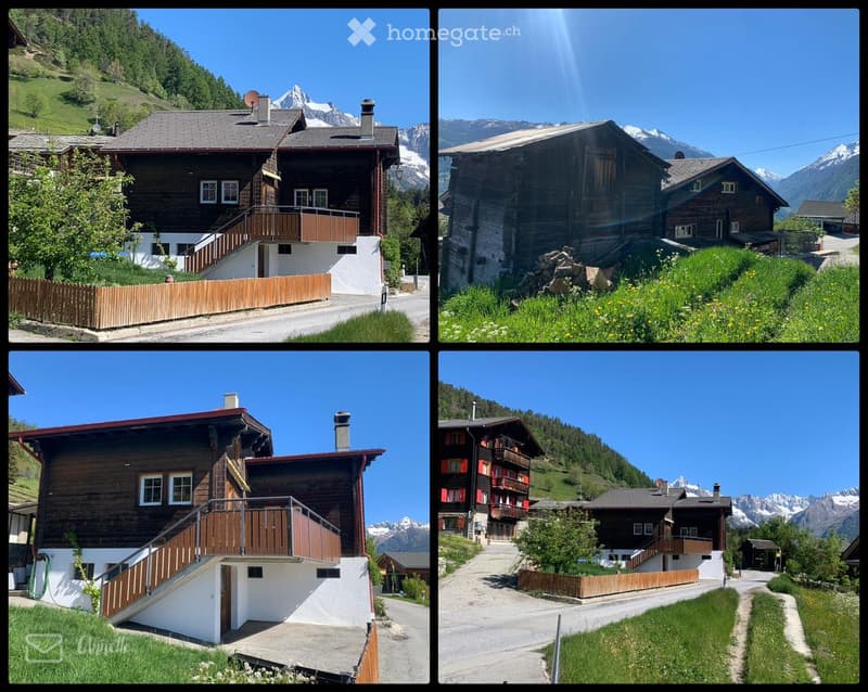 Four images of Swiss mountain houses with wooden facades, balconies, and scenic mountain views.