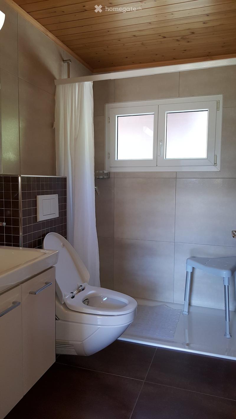 Modern bathroom with a toilet, sink, and shower area. Features a white shower curtain, a small stool, and a window with frosted glass panes.