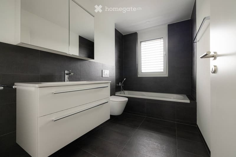 Modern bathroom with dark tiles, white sink cabinet, mirror, toilet, and bathtub.