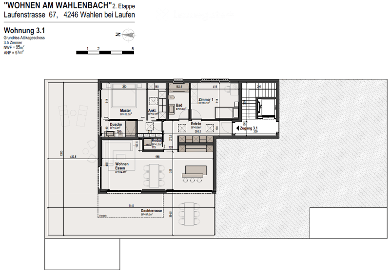 Floor plan of a 3.5-room apartment with labeled rooms including master bedroom, bathroom, living/dining area, entrance, and hallway.