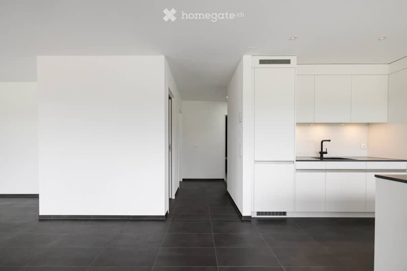 Modern, minimalist kitchen area with white cabinetry, black tiled flooring, and a sleek sink with a modern faucet.