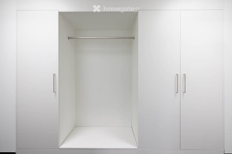 Empty closet with white cabinetry, a single rod for hanging items, and a small shelf at the bottom.