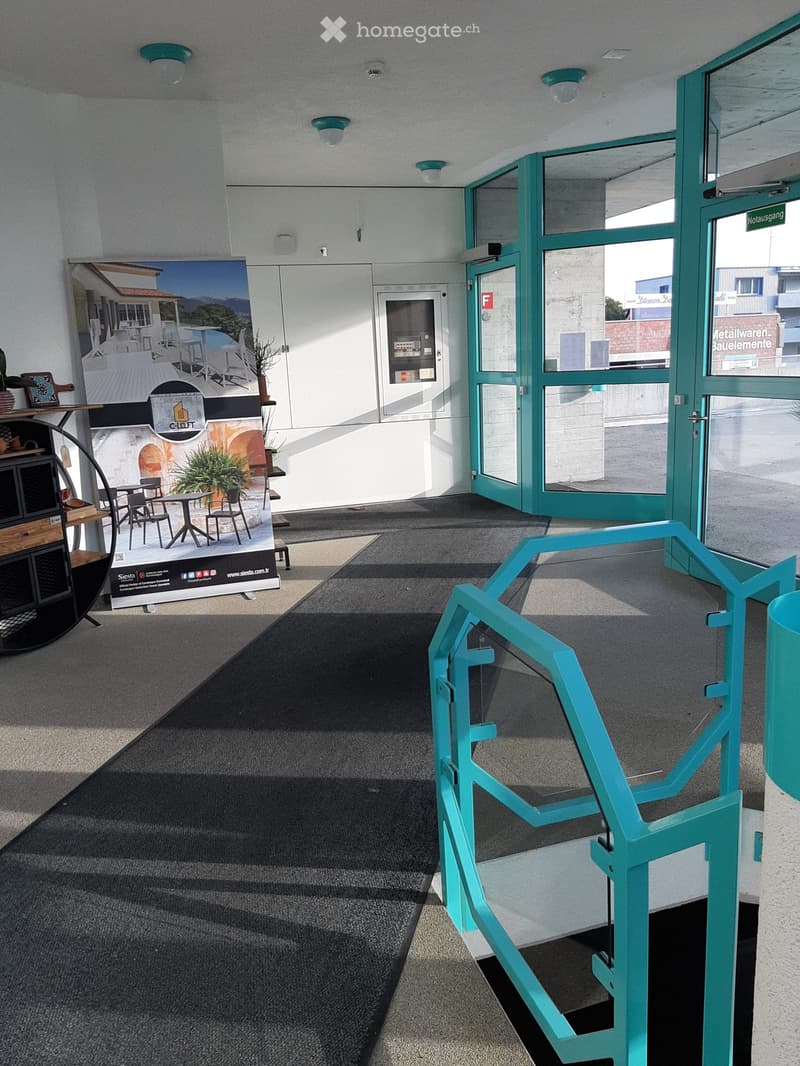Modern hallway with grey carpet, teal railings, and a large poster advertising a residential property. The hallway features a glass door leading outside and a security door with a keypad.
