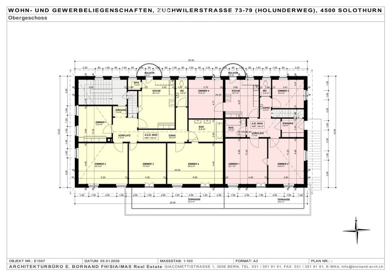 Floor plan of an upper floor showing multiple rooms including kitchens, bathrooms, bedrooms, and balconies.