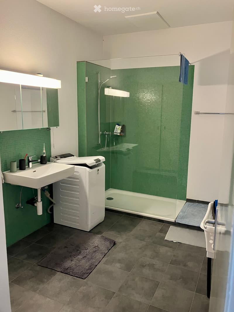 Modern bathroom with green tiled walls, a white sink, a shower with glass enclosure, and a washing machine. Includes a mirror, toothbrush, and towels.