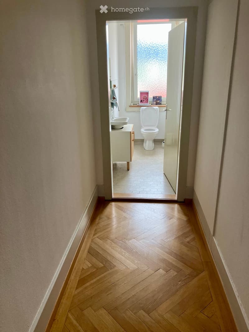 A narrow hallway with wooden herringbone flooring and light-colored walls, leading to an open bathroom with a toilet, sink, and window.