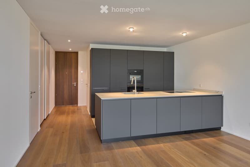 Kitchen with dark gray cabinets, integrated appliances, wooden flooring, and a modern design