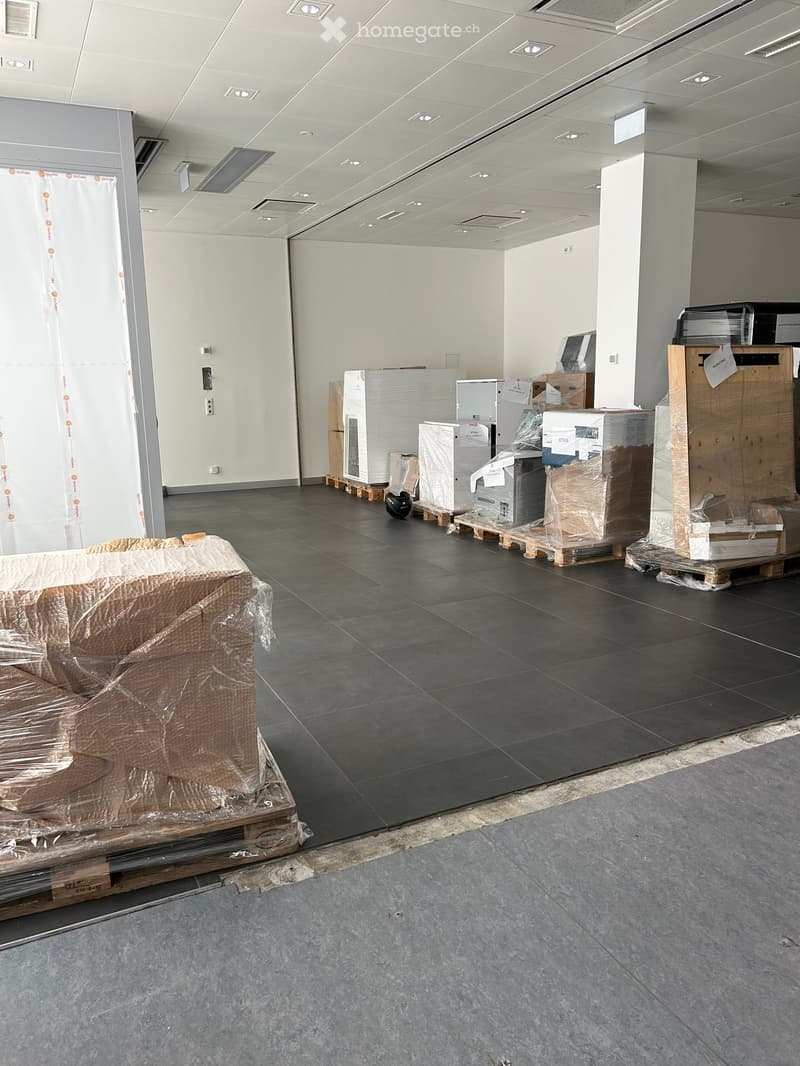 Empty room with dark tiled floor and white walls, several large appliances and furniture covered in protective plastic on pallets.