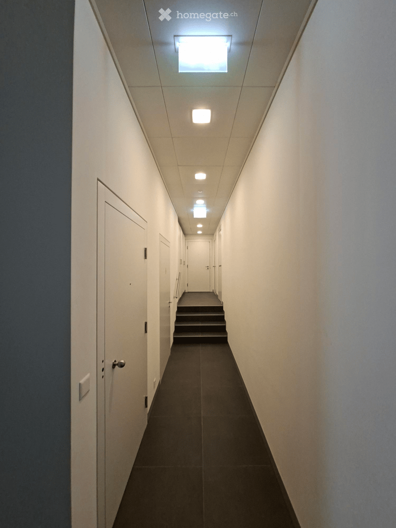 Modern hallway with white walls, dark tiled floor, and recessed lighting. Features a small staircase leading upwards and several closed doors along the sides.