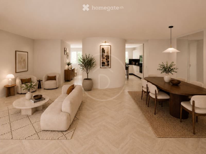 Open-plan living and dining area with a light-colored sofa, coffee table, armchairs, dining table with chairs, pendant light, side tables, and decorative vases.
