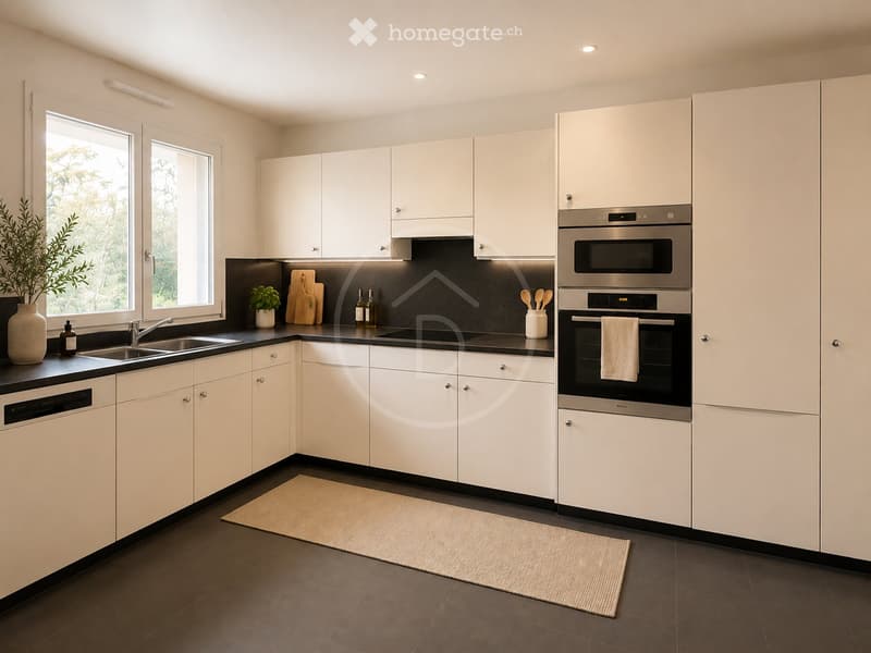 Modern kitchen with white cabinets, stainless steel appliances, and a black countertop. Features include a sink, oven, microwave, dishwasher, and decorative items on the counter.