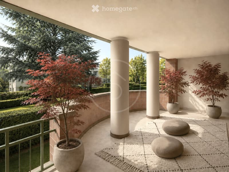 Balcony with a modern design, featuring two large potted trees, two round stools, and a decorative rug.