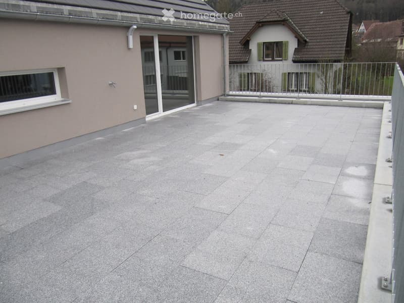 Balcony / Terrace. Flat concrete roof terrace with metal railing, adjacent to a pink house with large windows and a sliding glass door.