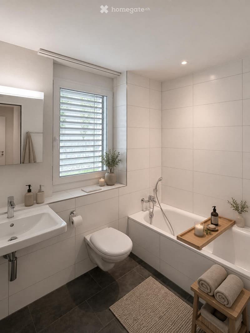 Modern bathroom with white tiles, a large window with blinds, a sink with a mirror, a toilet, a bathtub, and a small wooden shelf with towels and a bath tray.