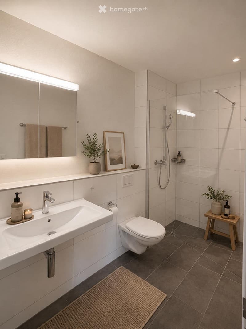 Modern bathroom with a white sink, mirror, toilet, and shower. Features include a towel rack with towels, a small plant, a picture frame, and a wooden stool with a bottle and candle on it.