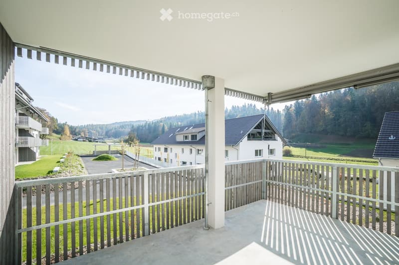 Balcony with wooden railing, overlooking a green landscape with houses and trees.