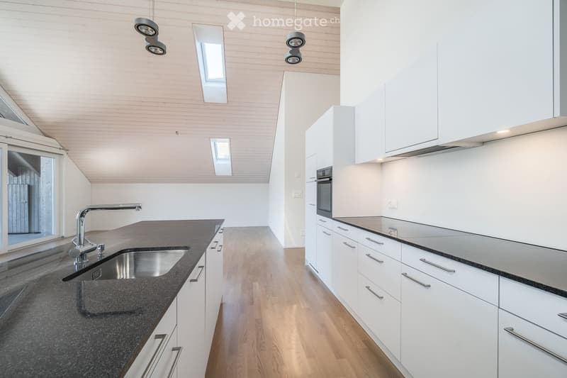 Modern kitchen with white cabinets, dark granite countertops, stainless steel sink and faucet, and built-in oven. Wooden flooring and pendant lights.
