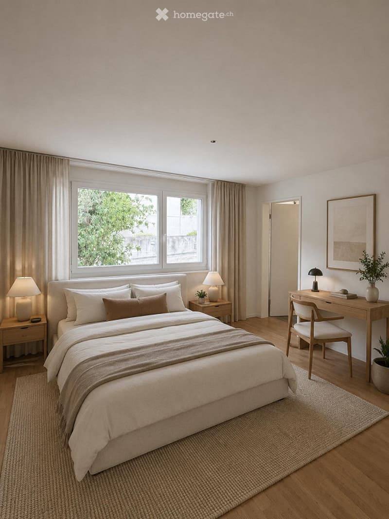 Modern bedroom with a large bed, nightstands, lamps, a desk with a chair, and a plant. The room features large windows with curtains and a neutral color palette.