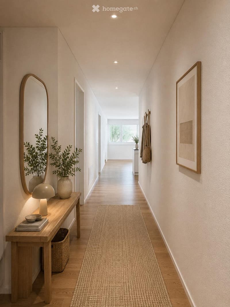 A modern hallway with light wooden flooring, white walls, recessed lighting, and a small console table with a mirror, plants, and decorative items. A woven runner rug is placed on the floor.