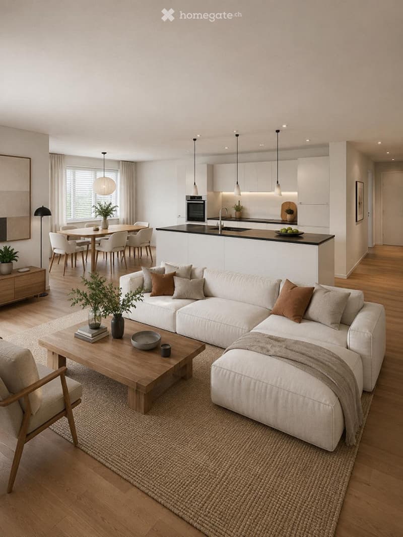 Modern open-plan living and dining area with a white sectional sofa, wooden coffee table, dining table with chairs, and a sleek kitchen island with pendant lights.