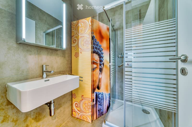 Modern bathroom with a white sink, chrome faucet, large mirror, and a glass-enclosed shower with decorative sliding doors.