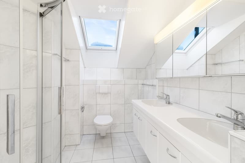 Modern bathroom with white tiles, a toilet, a double sink with modern faucets, a large mirror, and a glass-enclosed shower stall. The room features skylights for natural light.