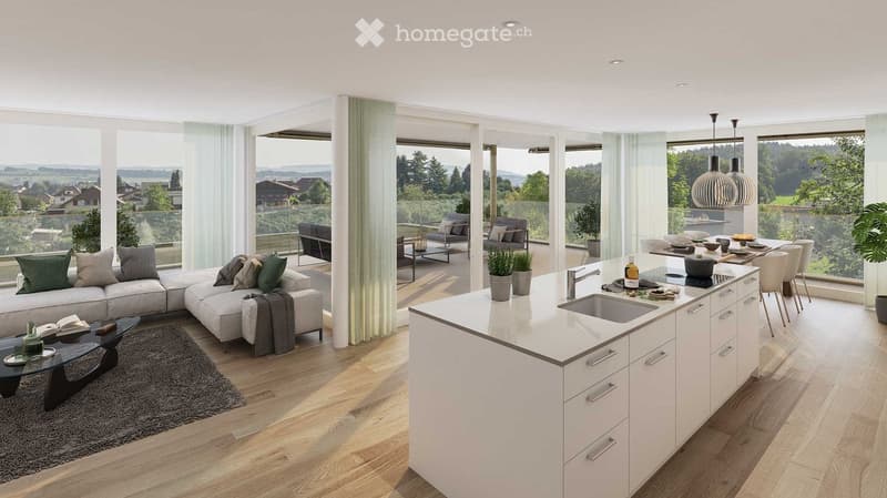 open plan living room, white kitchen with island, modern interior, large windows, balcony with outdoor furniture, carpet, wooden floor, large countryside view