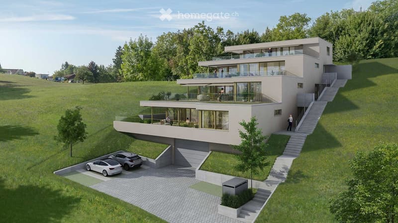 3 story modern house, balcony, garage, green surroundings