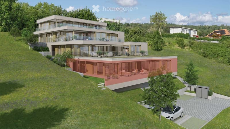 two story house, large glass windows, multiple balconies, solar panels, swimming pool, parking place, green surroundings