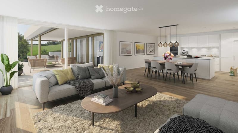 sofa, rug, coffee table, dining table, chairs, sliding glass doors