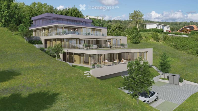 Modern house with 2 floors, glass windows, balconies, and views of the hills