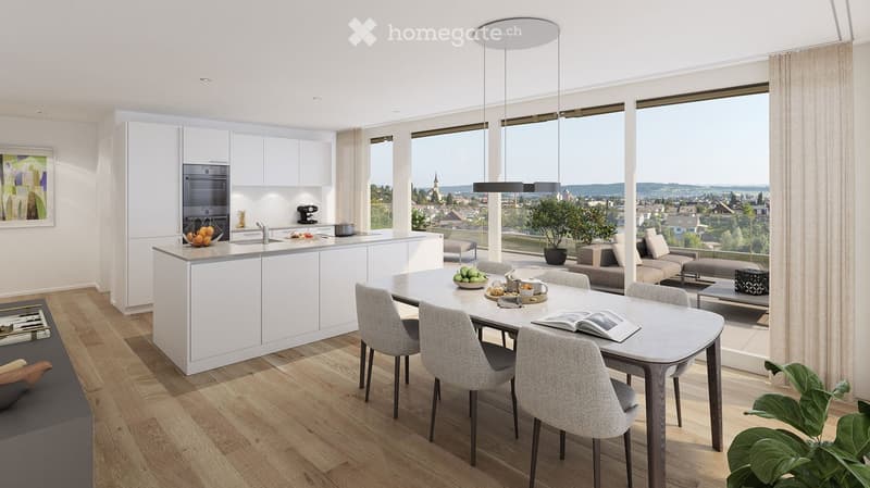 White cabinetry, tiled countertops, modern appliances, large island, dining table with seating, sliding glass doors, balcony