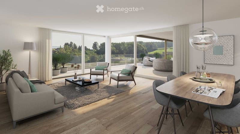 wooden floors, gray sofa, wooden coffee table, large windows, balcony, view