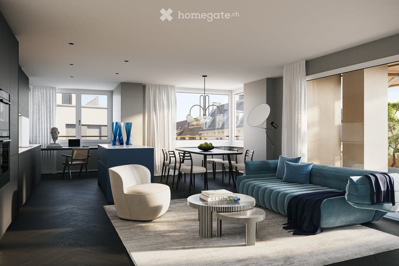 Modern living room with a blue sofa, white armchair, coffee table, dining area, and large windows with sheer curtains.