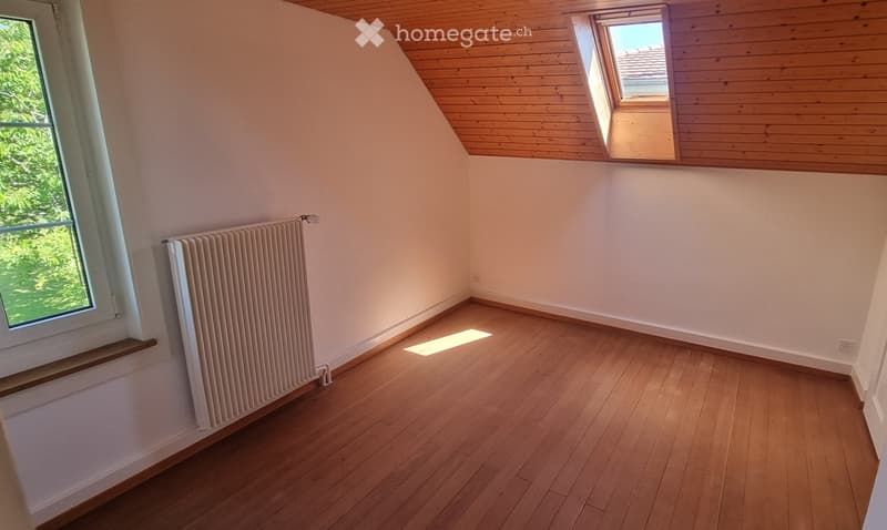 Empty room with wooden flooring, white walls, and a radiator. Features a skylight window and a large window with a view of greenery.