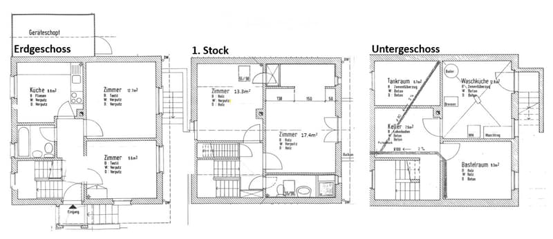 Floor plan showing three levels: ground floor, first floor, and basement. Ground floor includes kitchen, living room, and bedroom. First floor has two bedrooms and a balcony. Basement includes utility room, storage, and basement space.