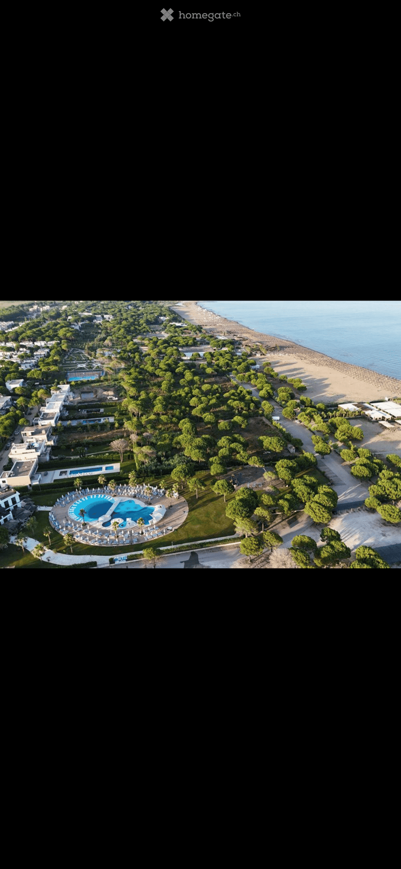 Aerial view of a resort area with a swimming pool, lounge chairs, trees, buildings, and a beach in the background.