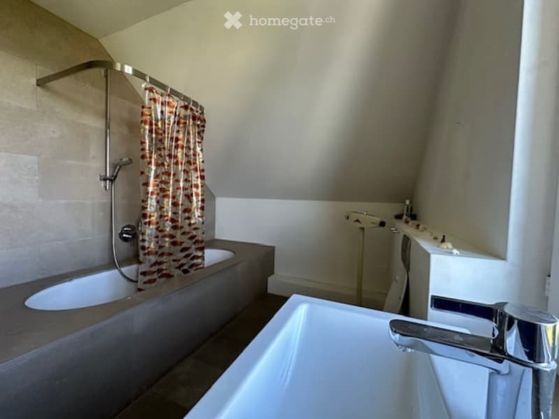 Modern bathroom with a large bathtub, separate shower area with a curtain, a sink with a modern faucet, and a mirror above it.