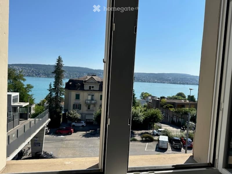 View from a window of a building with a lake, mountains, and a parking lot in the background.