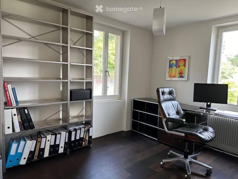 office room with desk, chair, monitor, shelves, books, folders, radiator, picture