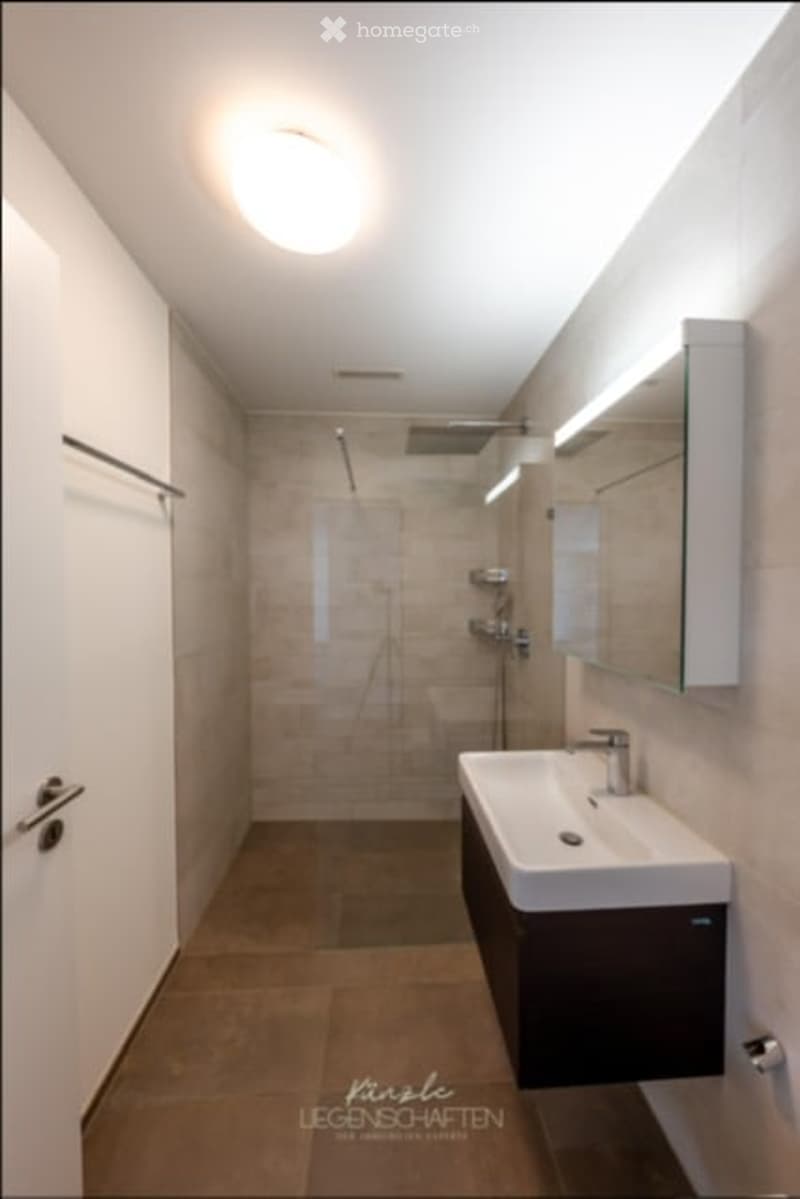 Modern bathroom with a white sink, large mirror, and a walk-in shower area. The space features sleek, contemporary design with warm lighting and neutral tones.