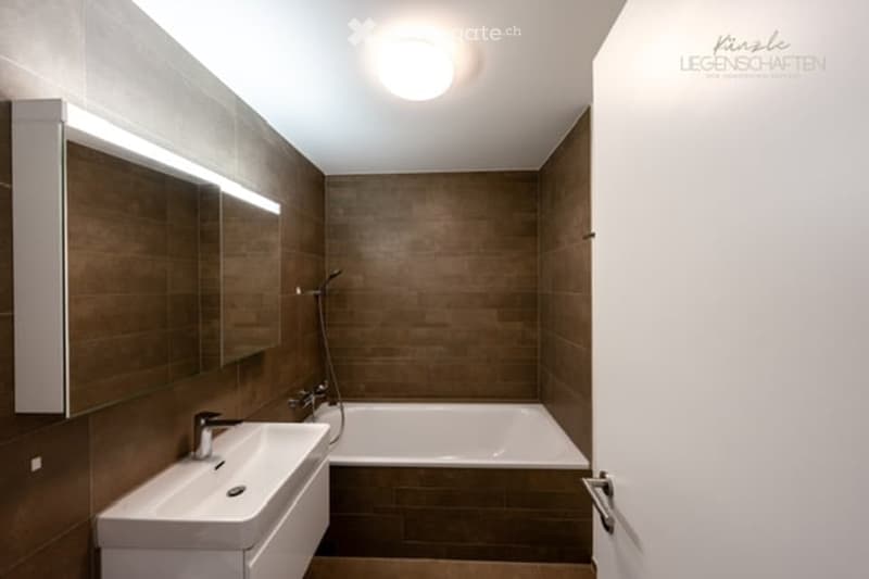 Modern bathroom with a white sink, bathtub, and large mirror. Brown tiles on walls and floor, sleek fixtures, and a round ceiling light.